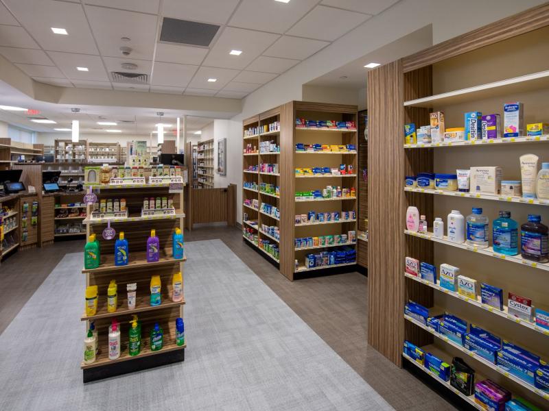 Inspira Retail Pharmacy interior shelving with products